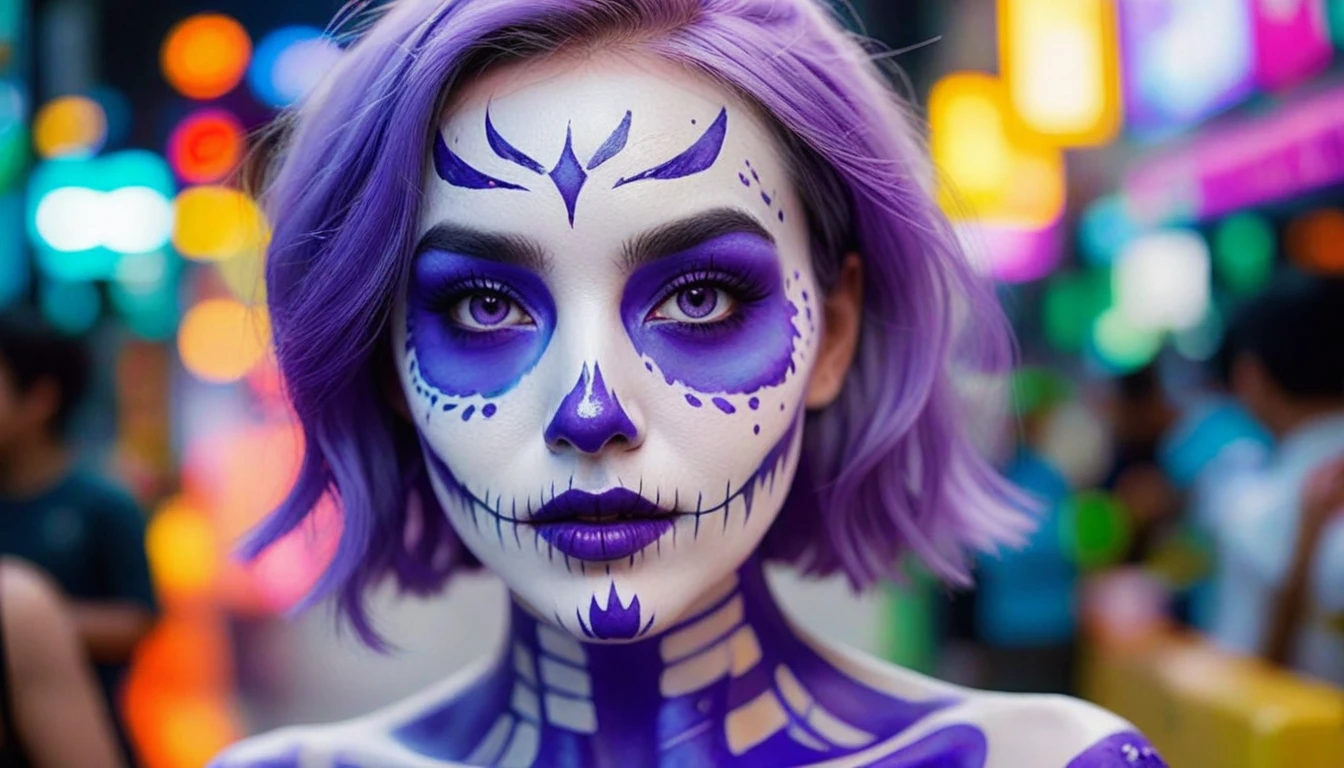 (best quality, 8K, Masterpiece: 1.3)), Sharp focus: 1.2, A beautiful woman with a perfect figure. Highly detailed facial and skin textures, Detailed eyes, Double eyelids, smile, look at viewer, purple short hair, upper body, put on makeup, blurry background, white skin, Face Paint, white skin, playing equipment, Holding equipment, Zombies, light purple lips, __background__ Full of busy people