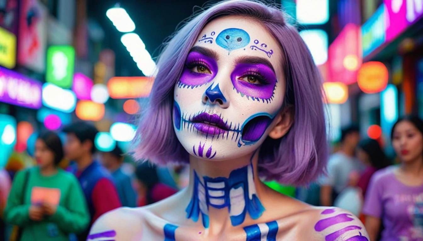 (best quality, 8K, Masterpiece: 1.3)), Sharp focus: 1.2, A beautiful woman with a perfect figure. Highly detailed facial and skin textures, Detailed eyes, Double eyelids, smile, look at viewer, purple short hair, upper body, put on makeup, blurry background, white skin, Face Paint, white skin, playing equipment, Holding equipment, Zombies, light purple lips, __background__ Full of busy people