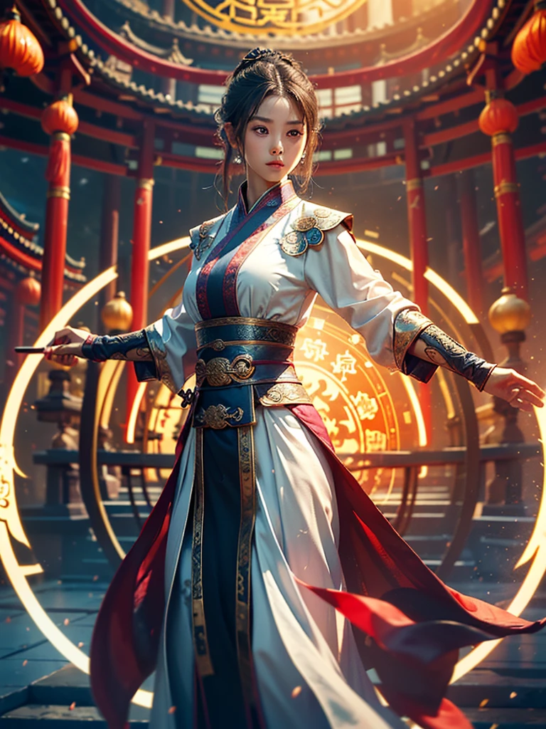 Highest quality, masterpiece, Ultra-high resolution, (Realistic: 1.4), Xiuxian, arms, Detailed aspect, 1 Girl, alone, arms, (magic circle: 1.2), Xiuxian, Upper Body, young woman, whole body, East Asian architecture, , building,