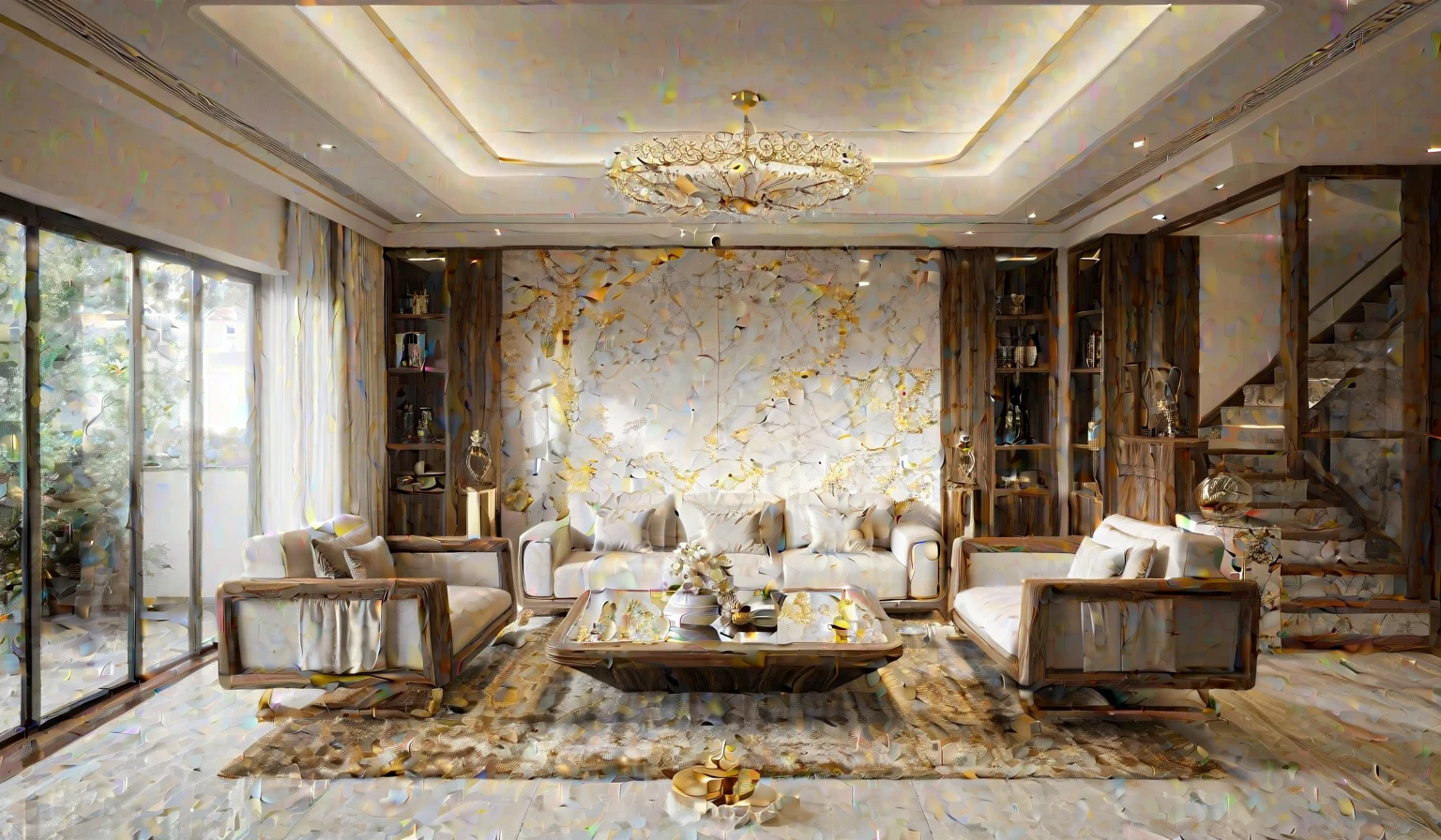 ,Masterpiece, Best quality,8K, Ultra-high resolution,When you step into the ( living room  : 1.1)  ,Immediately surrounded by a rich atmosphere of luxury. The space  was covered with a soft white fluffy blanket,It is so comfortable,So much so that you can't help but indulge in it。Embellished with precious porcelain and white-off gold ornaments。Whenever it is late afternoon,The afterglow from the window spilled on the floor,Soft light and shadow are reflected,It was as if entering a dreamland. ((Wooden chair and table : 1.3)), ((COLUMN MIRROR : 1.3))