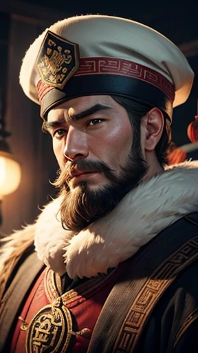 alone、Oriental、Man in ancient Chinese costume、Highest quality、masterpiece、Ultra-high resolution、(Realistic:1.4)、Game Poster、Crisp and beautiful image quality、[[Bearded Man]],Ancient Chinese hairstyle with a large plain white beret loosely covering the head like a turban、