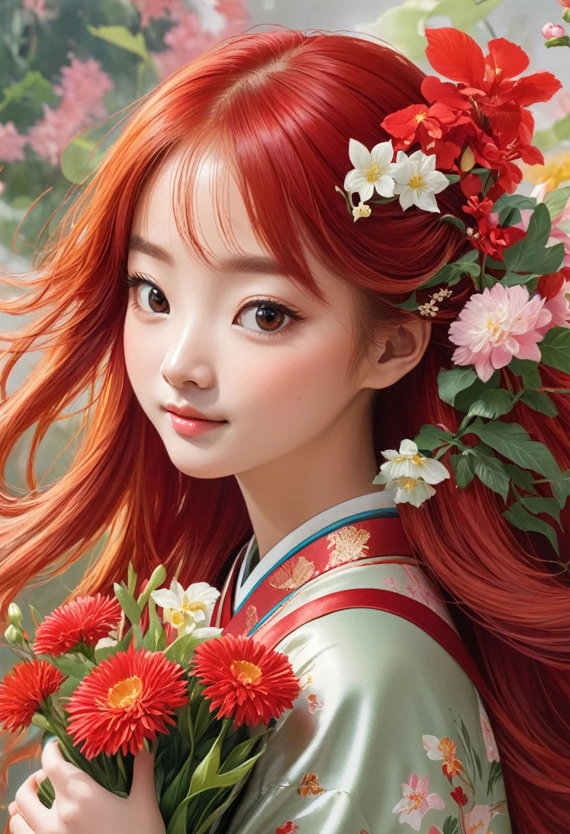 Close-up:A red-haired girl holding flowers, Ni Duan's animation works, Pixif, The art of math, cute detailed The art of math, Lovely art style, Popular trends on artstration, cute The art of math, Soft anime illustration, Beautiful digital illustrations, Beautiful anime portrait, Digital Anime Illustration, Kawaii realistic portrait, Beautiful character painting, Realistic cute girl