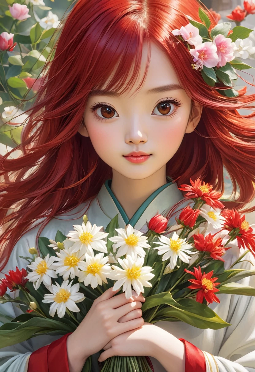 Close-up:A red-haired girl holding flowers, Ni Duan's animation works, Pixif, The art of math, cute detailed The art of math, Lovely art style, Popular trends on artstration, cute The art of math, Soft anime illustration, Beautiful digital illustrations, Beautiful anime portrait, Digital Anime Illustration, Kawaii realistic portrait, Beautiful character painting, Realistic cute girl