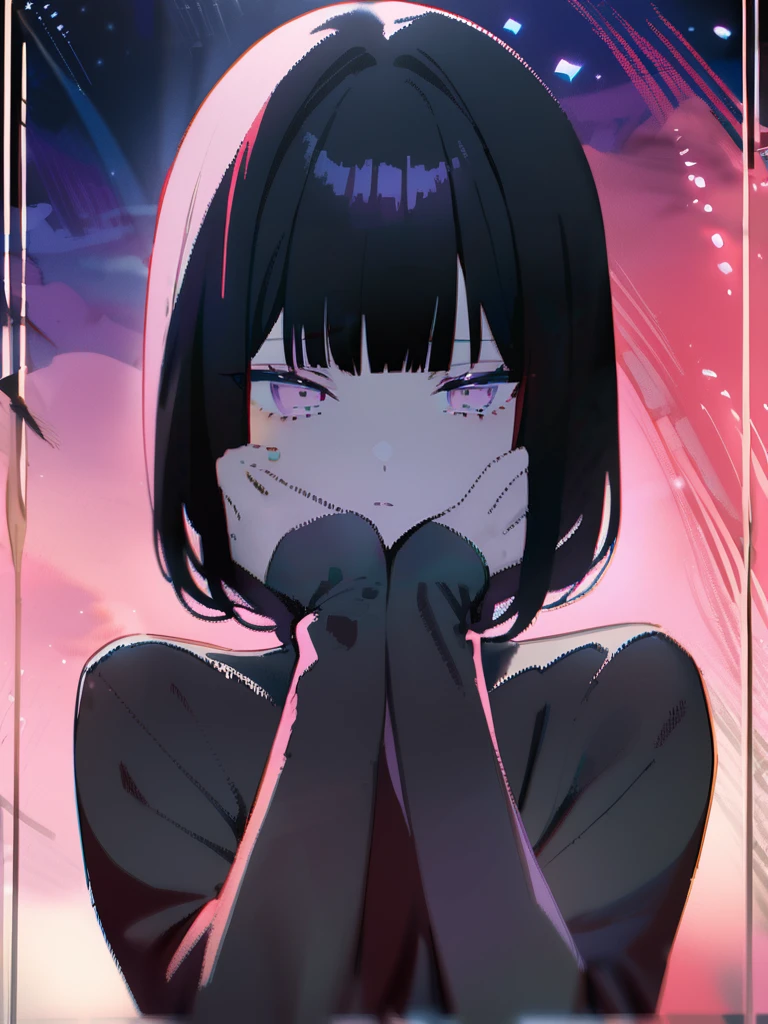 One Girl,alone,, Black Hair,Purple Eye,Bright starry sky,Purple-red sky,Troubled face,Black sweater,Shoulder Bare,Put your hands on your face,Open your arms,Expressionless,from the front,Watching the audience,masterpiece,Highest quality,Very detailed,Anime Style,Watercolor tones
