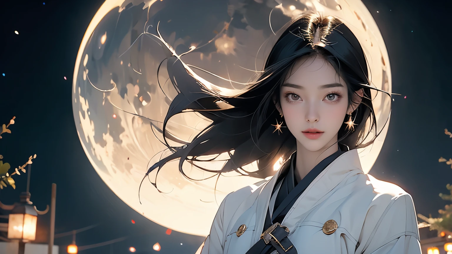 beautiful girl,Realistic black eyes, White skin, Medium length black hair, Perfect Face, Perfect Eyes, Wearing a coat, Very detailed, Comprehensive film, number, 8K, Cinema Lighting, Highest quality, High resolution, Detailed work, Post-processing, Perfect results, Surreal、Painting of a river with stars and moon floating in the sky, Concept art inspired by Mitsuoki Tosa, pixiv Contest Winner, Highest quality, Fantasy art, Beautiful anime scene, Bright Moon, 月明かりとStarry Skyの環境, Dream painting, Anime Background Art, Fantasy Landscape Painting, Fantasy Night, Anime Background, Background artwork, Great art, Atmospheric anime, Starry Sky, Detail enhancements.