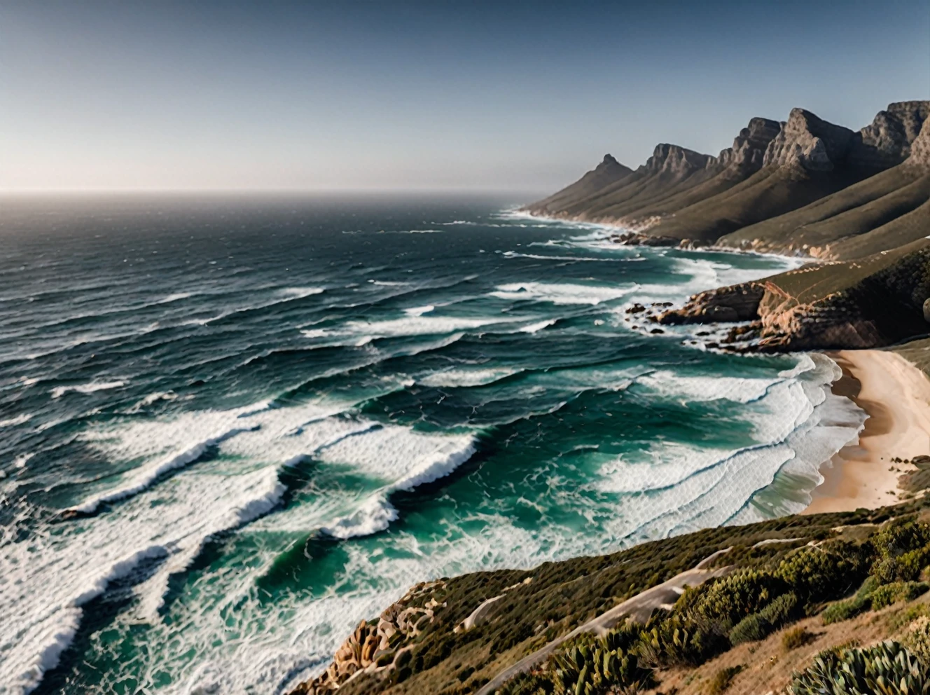 photo of choppy sea, south africa coast, outdoors, realistic scenery. very wide shot, landscape, film, professional, 4k