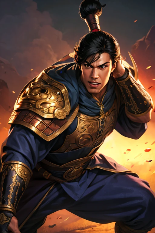 8K,knight with sword,Gorgeous extra large armor(The elaborately crafted coat of arms of a nobleman),classy pants,ultra high resolution,surreal,realistic skin,Black hair short hair,big red eyes,muscular body,Purfluz,background,battlefield,waist armor,delicate hands, Perfect hand shape, character art,Battle scenes,action scene,action pose,masterpiece,Realistic RAW photos of the highest quality。bright colors,rich colors, backlight, movie lights, film grain, born, 50mm lens, Nikon D850,realistic skin,fantasy art,character art,ultra high resolution,realistic scale skin,forage,laugh,dynamic pose,action pose,holding it for a long time, bayonet, Male 1