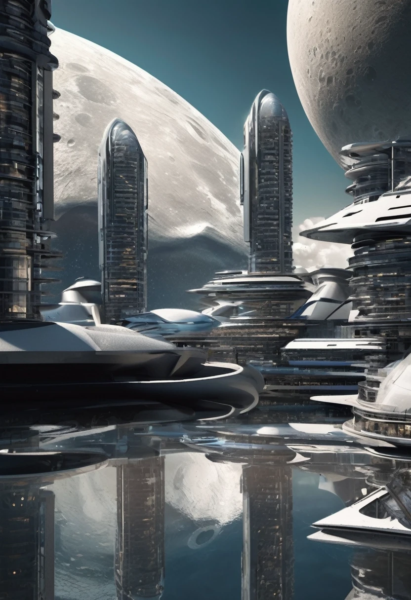 Imagine a futuristic cityscape on the moon, characterized by a striking palette of all white and gray shades. Envision the architectural marvels, with buildings taking on unique shapes such as spheres and domes. Picture these structures seamlessly blending with the lunar landscape, creating a harmonious and otherworldly city. Capture the interplay of light and shadow on the lunar surface, with futuristic buildings casting geometric patterns as they reflect the subdued moonlight. This city represents a vision of advanced technology and innovative design, establishing a breathtaking lunar metropolis that harmonizes with the celestial surroundings.Realistic fantasy rendering，By Chasbio，epic and stunning，archviz，Epic architecture，concept-art。 modern futuristic design，Huge cities in space，Futuristic city landscape，Realistic beehive architecture. from far away, ultra wide angle