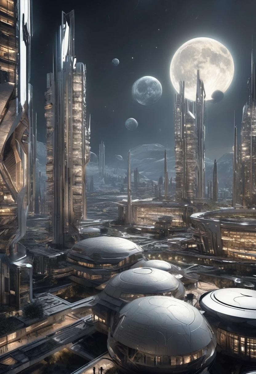 Imagine a futuristic cityscape on the moon, characterized by a striking palette of all white and gray shades. Envision the architectural marvels, with buildings taking on unique shapes such as spheres and domes. Picture these structures seamlessly blending with the lunar landscape, creating a harmonious and otherworldly city. Capture the interplay of light and shadow on the lunar surface, with futuristic buildings casting geometric patterns as they reflect the subdued moonlight. This city represents a vision of advanced technology and innovative design, establishing a breathtaking lunar metropolis that harmonizes with the celestial surroundings.Realistic fantasy rendering，By Chasbio，epic and stunning，archviz，Epic architecture，concept-art。 modern futuristic design，Huge cities in space，Futuristic city landscape，Realistic beehive architecture. from far away, ultra wide angle