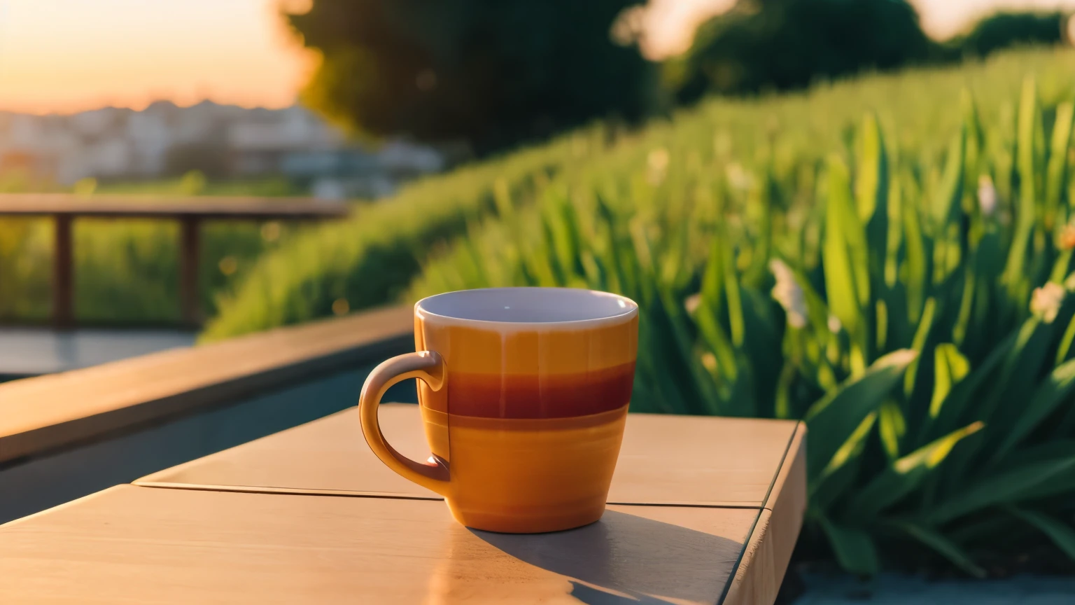Using a mug as a subject Cafe terrace where the setting sun shines