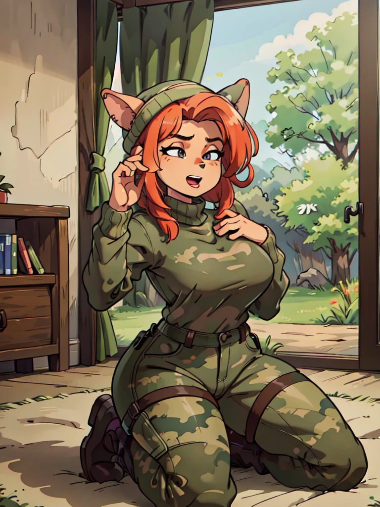 (best quality,4k,8k,highres,masterpiece:1.2),ultra-detailed,realistic:1.37,portrait,anthro bandicoot girl redhead, braided hair, beautiful closed eyes, open mouth tongue ,sexy ,seductive, warm sweater, camouflage beanie-balaclava ,camouflage pants, army boots, smirking, cozy lighting, vibrant colors , girl anthro , sweater, camouflage beanie, camouflage pants, army boots,