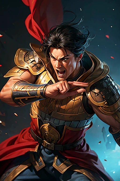 8K,knight with sword,Gorgeous extra large armor(The elaborately crafted coat of arms of a nobleman),classy pants,ultra high resolution,surreal,realistic skin,Black hair short hair,big red eyes,muscular body,Purfluz,background,battlefield,waist armor,delicate hands, Perfect hand shape, character art,Battle scenes,action scene,action pose,masterpiece,Realistic RAW photos of the highest quality。bright colors,rich colors, backlight, movie lights, film grain, born, 50mm lens, Nikon D850,realistic skin,fantasy art,character art,ultra high resolution,realistic scale skin,forage,laugh,dynamic pose,action pose,holding it for a long time, bayonet, Male 1