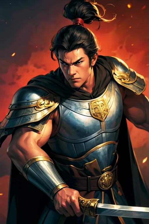 8K,knight with sword,Gorgeous extra large armor(The elaborately crafted coat of arms of a nobleman),classy pants,ultra high resolution,surreal,realistic skin,Black hair short hair,big red eyes,muscular body,Purfluz,background,battlefield,waist armor,delicate hands, Perfect hand shape, character art,Battle scenes,action scene,action pose,masterpiece,Realistic RAW photos of the highest quality。bright colors,rich colors, backlight, movie lights, film grain, born, 50mm lens, Nikon D850,realistic skin,fantasy art,character art,ultra high resolution,realistic scale skin,forage,laugh,dynamic pose,action pose,holding it for a long time, bayonet, Male 1