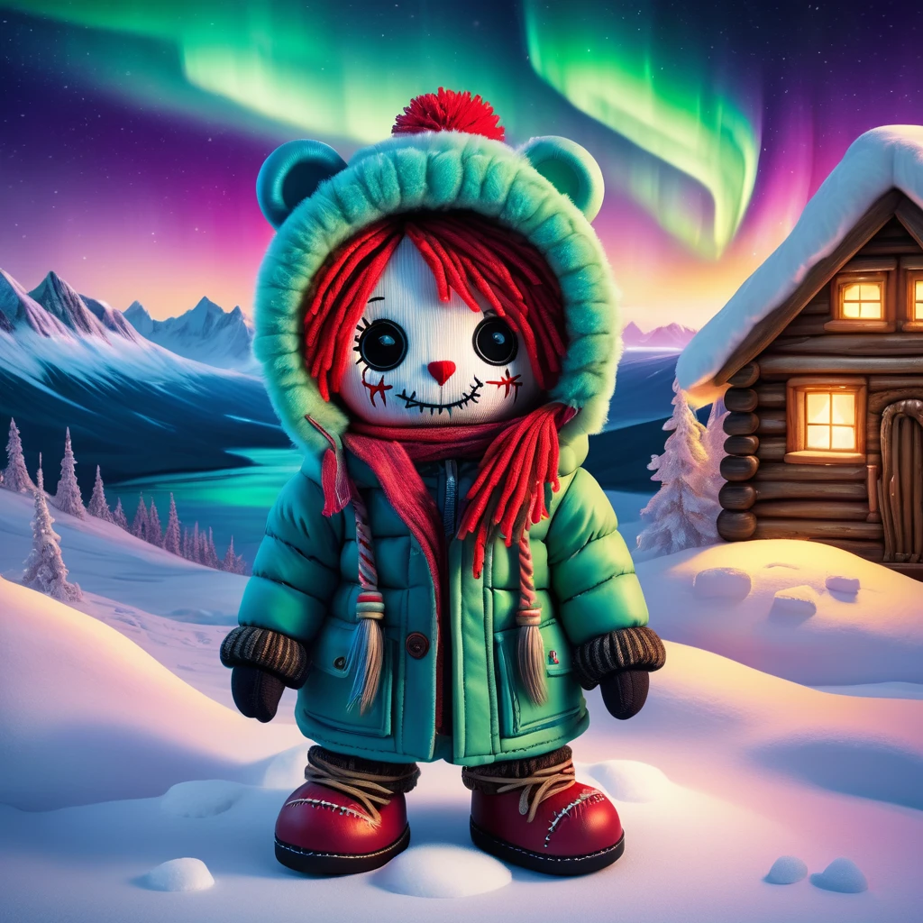 (knitted toy voodoo doll:1.3), (Voodoo in Alaska:1.4), (Fur-lined Parka clothes, winter boots and mittens:1.0), (in the background a snowy landscape with an igloo and the northern lights:1.2), best quality, masterpiece, detailed soft oil painting, detailed background, dramatic cinematic lighting, soft edge lighting, professional, dramatic lighting, hard edge lighting, ultra quality, 4k, masterpiece, best quality, 8k, ultra high definition, high resolution, extremely detailed