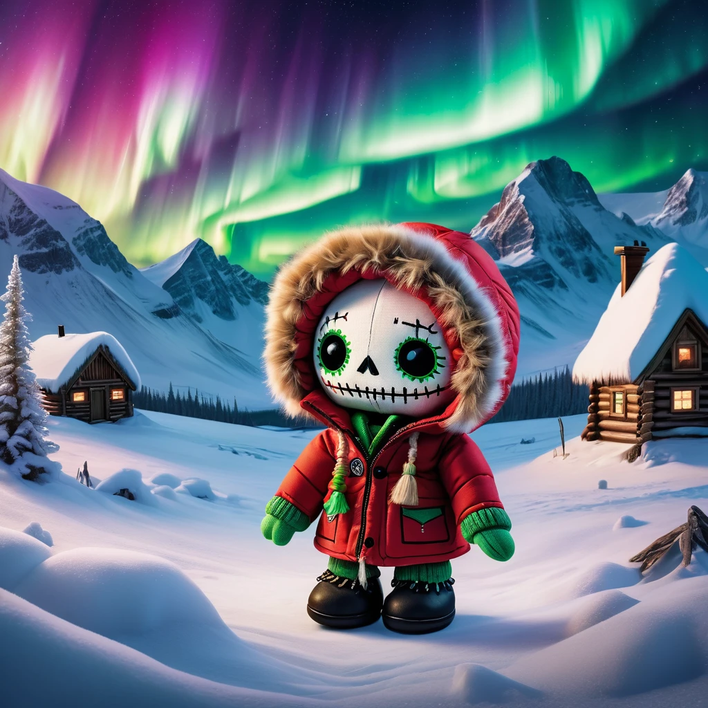 (knitted toy voodoo doll:1.3), (Voodoo in Alaska:1.4), (Fur-lined Parka clothes, winter boots and mittens:1.0), (in the background a snowy landscape with an igloo and the northern lights:1.2), best quality, masterpiece, detailed soft oil painting, detailed background, dramatic cinematic lighting, soft edge lighting, professional, dramatic lighting, hard edge lighting, ultra quality, 4k, masterpiece, best quality, 8k, ultra high definition, high resolution, extremely detailed