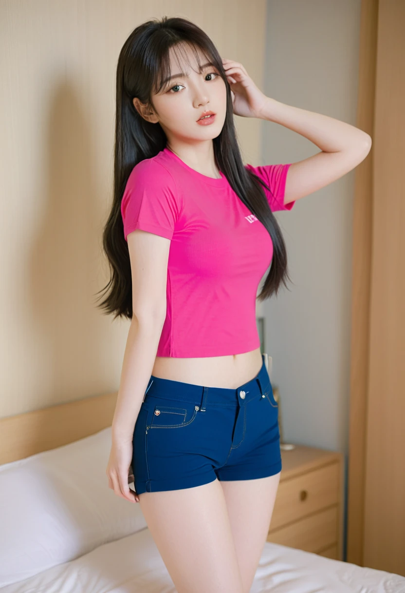 close-up of beautiful South Korean, An Yujin is a IVE korean pop girl group, youthful face, white skin body, perfect body, rapunzel long hair, black hair, straight hair, bust size 34 inches, wearing a tight plain hot pink short-sleeved t-shirt, wearing a tight plain dark blue short pants, Yujin holding breasts with her own two hands is very sexy and sigh, sexy looking pose, pose a naughty look, at a boyfriend bedroom, UHD