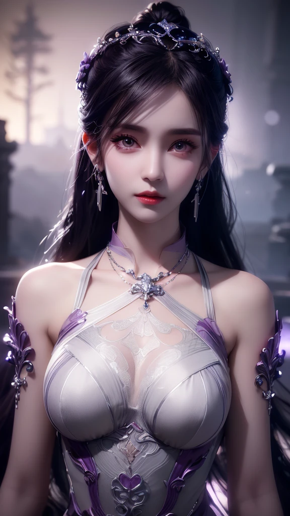 1 Extremely beautiful girl in Hanfu, Thin purple silk shirt with lots of white patterns, White lace top, Purple platinum long ponytail, Gorgeous hair accessories, Earrings Jewelry, Rabbit ears lavender, Necklace jewelry, Carefully drawn large purple eyes, Delicate makeup, Sparse eyebrows, high nose, Beautiful red lips, No smile, Pursed lips, Red face, Large Breasts, Large Breasts , Well-proportioned chest, Slim waist, purple mesh socks, Chinese Hanfu style, Fictional art texture, Vivid colors, original photo, real picture, ultra-high quality 8k surreal picture , (Strange lighting effects: 1.8), 10x pixel, Magic Effects (background): 1.8), Super detailed eyes, Girl full body, Girl Alone, ancient hanfu background, Looking at the audience, Wide original image, 8K picture quality, Ultra HD, HDR10, Super sharp, Most detailed、The clearest picture, Vibrant colors, Uniform lighting, detailed light and dark background,