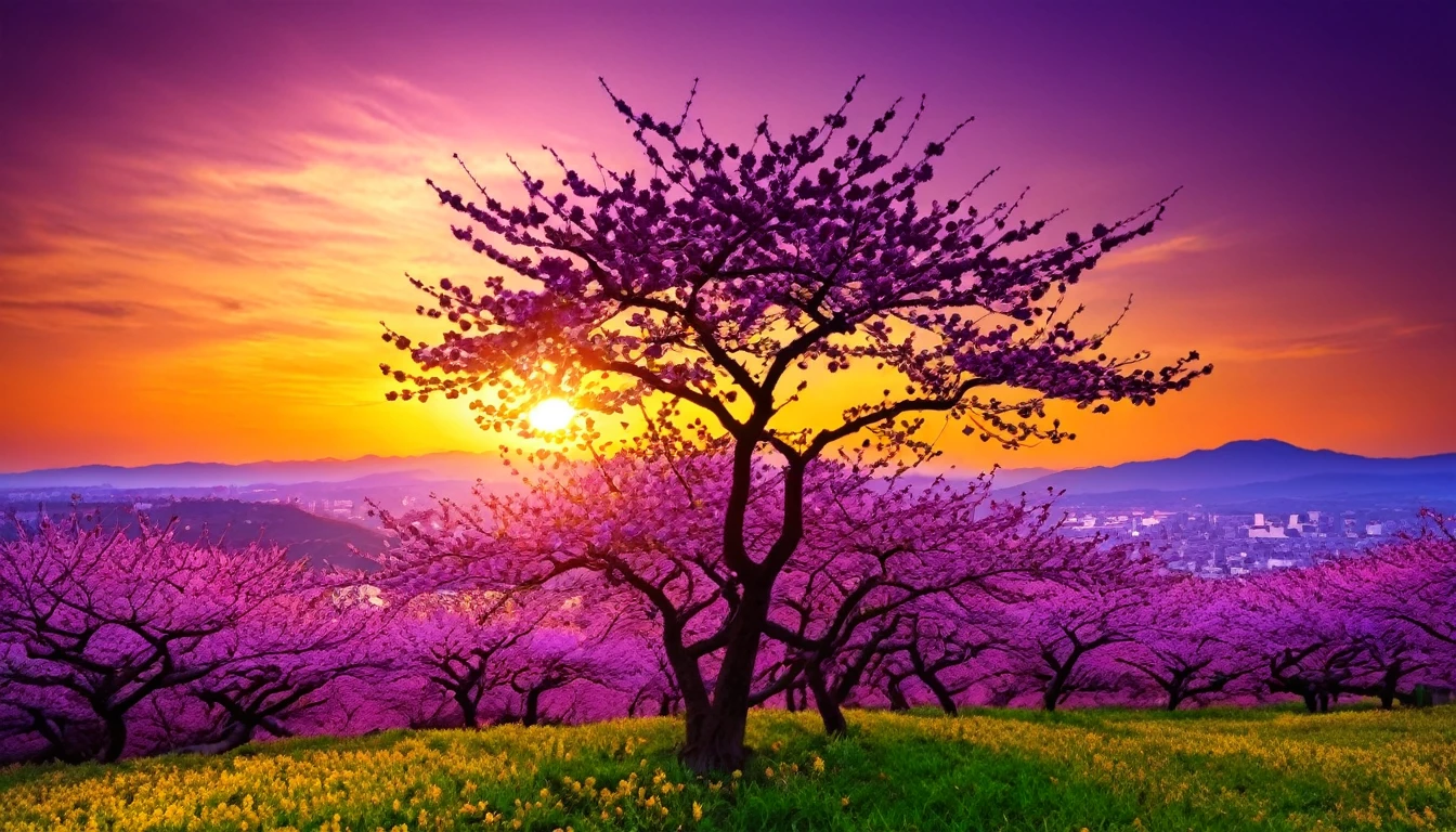 purple cherry blossom against sunset, really beautiful nature, cherry blossom in full bloom, purple beautiful sky, purple and yellow sunset, fantastic landscape, highly detailed