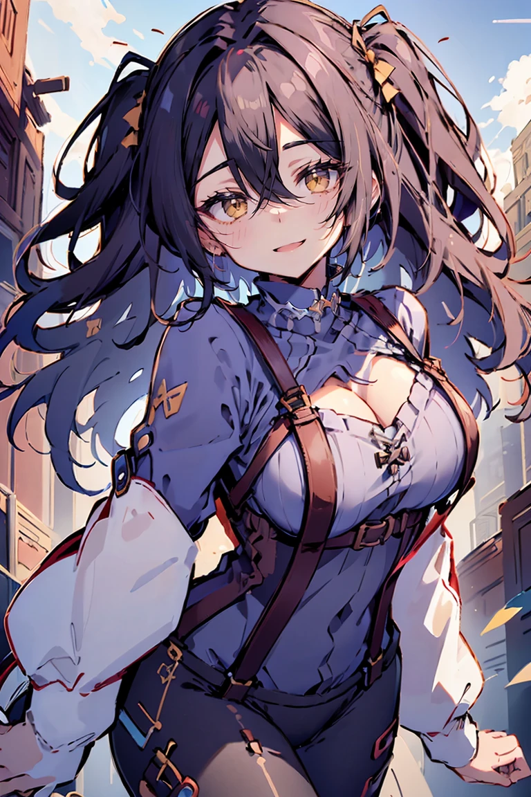 (masterpiece:1.2), (high quality:1.2), (hui xiyi:0.65), rekkyo sensen, rekkyou sensen, girls with((black hair, (???? cleavage:1.15), (waving is hands:1.2), (??????? close up:1.15), (suspenders:1.2), (dress:0.65), (blue clothes:1.05), (belts:0.7), (frills shirt:1.2), (white knit sweater:1.2), camisole, exposed ???????, straps, (turtleneck clothes:1.1), (cross:1.05), (single tights:1.2), (long wavy hair:1.2), (one side up:1.2), nun, long sleeves, (perfect hands:1.05), (five fingers:1.05))), background with((fantasy world, ruin, castle, beautiful sky, shining sky, sunshine))