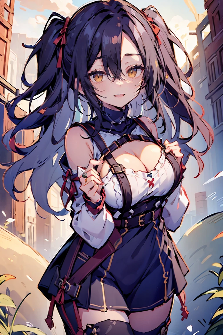 (masterpiece:1.2), (high quality:1.2), (hui xiyi:0.65), rekkyo sensen, rekkyou sensen, girls with((black hair, ( clea5), (waving is hands:1.2), (breasts clos15), (suspenders:1.2), (dress:0.65), (blue clothes:1.05), (belts:0.7), (frills shirt:1.2), (white knit sweater:1.2), camisole, exposed breasts, straps, (tck clothes:1.1), (cross:1.05), (single tights:1.2), (long wavy hair:1.2), (one side up:1.2), nun, long sleeves, (perfect hands:1.05), (five fingers:1.05))), background with((fantasy world, ruin, castle, beautiful sky, shining sky, sunshine))
