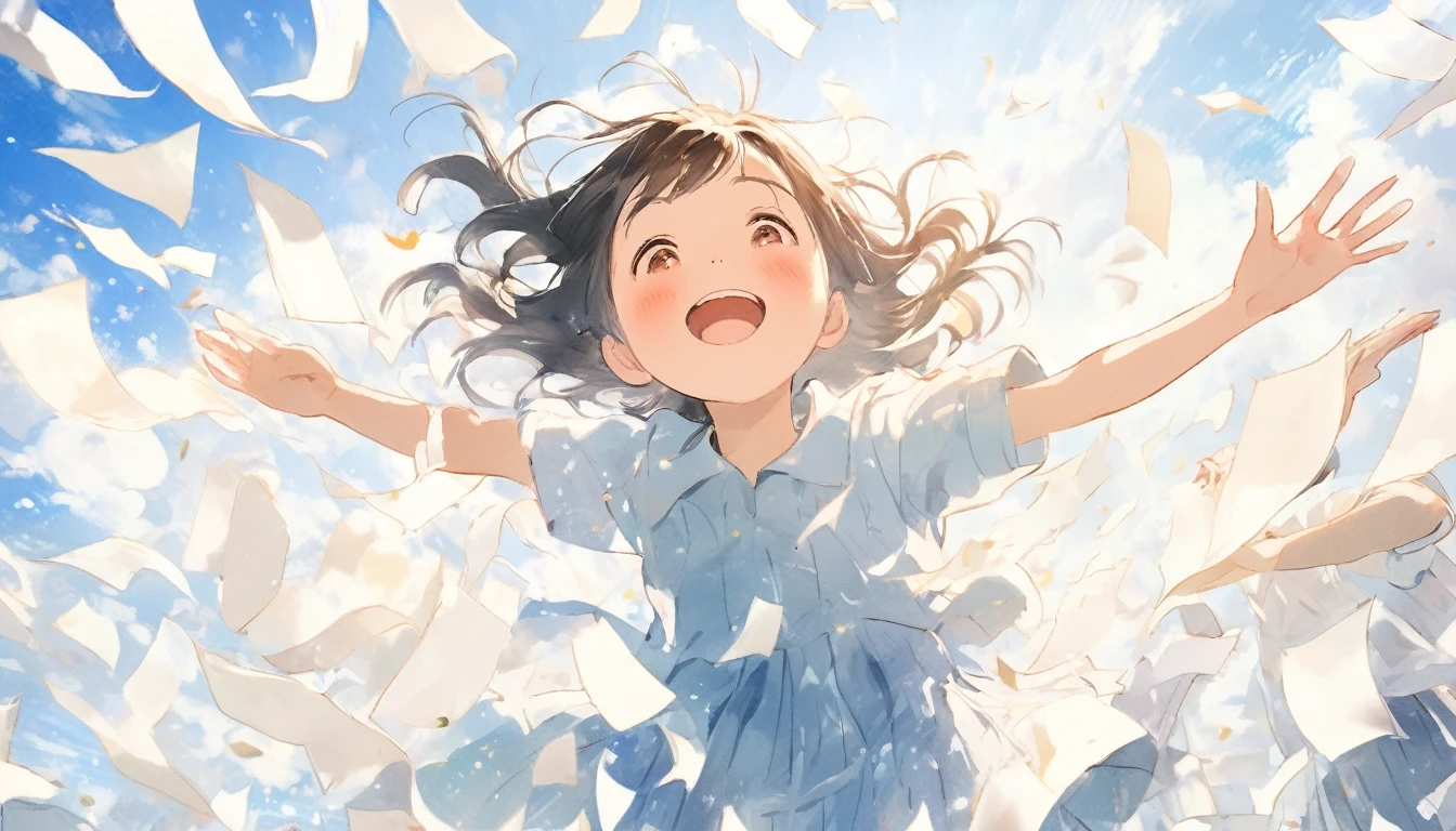 A girl who looks up at the sky with a happy face, now freed from the pressure、Hands outstretched with palms facing the sky、A lot of white paper is flying in the air，high quality，masterpiece、A radiant smile。