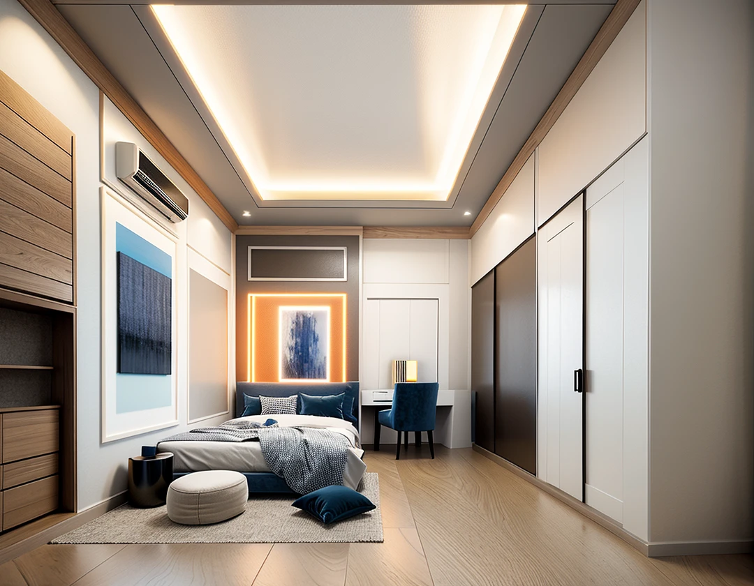 Lao Chen, Interior Design, bed room, Light Color, (grossy wooden floor), (sofft warm led light), (circle spotlight), (indoor), (woodrn door), (tone white color), {bright sunlight|midday}, {Best Quality|Masterpiece|best illustration|Photorealism archdaily|award winning design|photorealistic|extreme detail|Stunning|photographic render|High-fidelity|vray render|Eye-catching|Sharp edge render}, ((masterpiece)), ((best quality:1.4)),(ultra-high resolution:1.2),(realistic:1.4),(8k:1.2)