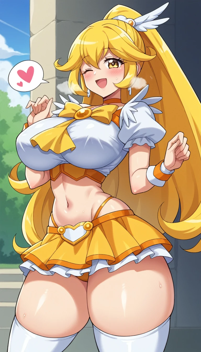 score_9, score_8_up, score_7_up, outdoor,
BREAK
source_anime,
BREAK
1girl, curepeace, yellow hair, elect big nipple, huge breasts, happy, spoken heart,
navel, wing hair ornament, cropped top, wrist cuffs, friled skirt, thighhighs,
tall, leggy, glistened skin, oiled skin, shiny skin, heavy breathing, wide hips, tight waist, thick thighs,
contrapposto,
looking_at_viewer,
