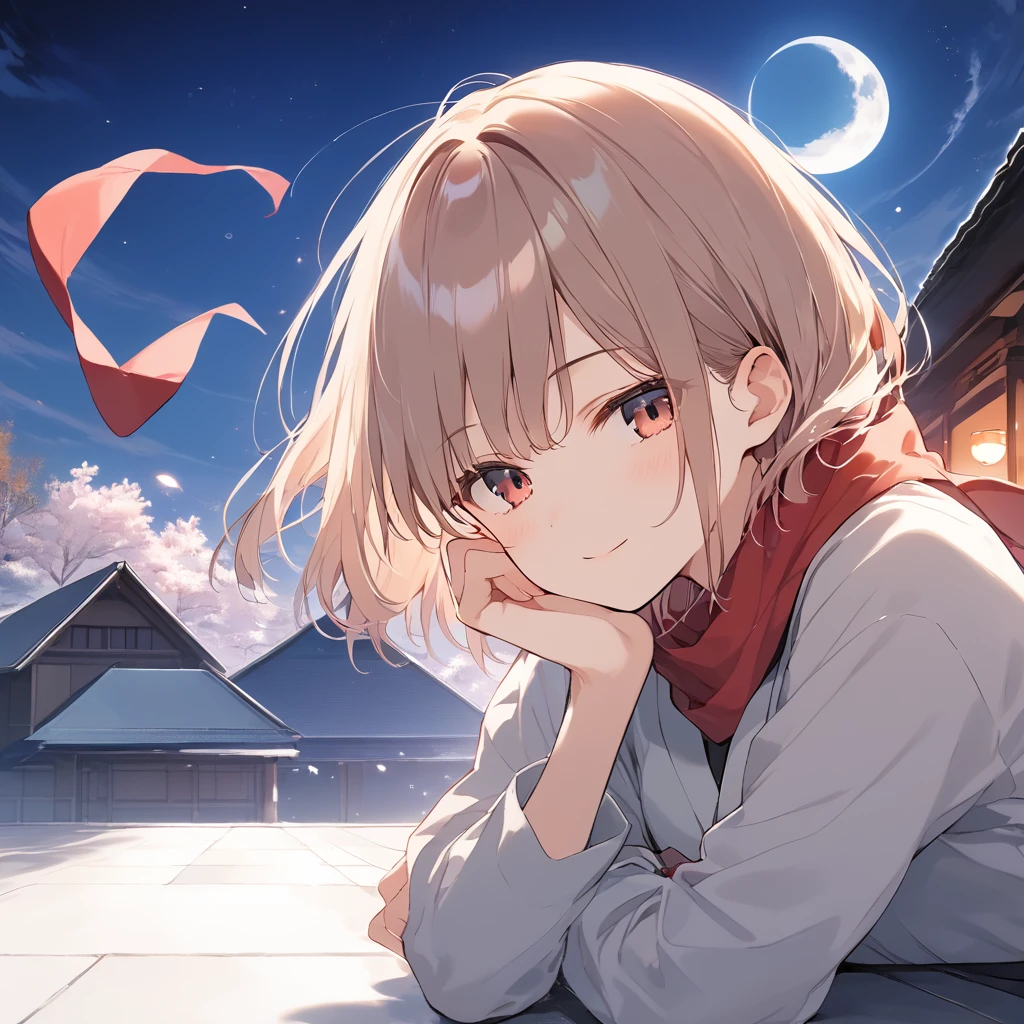 Fraction_9, Fraction_8_Direction_7_up, src_Japanese cartoons, best quality, masterpiece,Official Art, absurd, high resolution, waifu2x, rest,1 Girl, Ninja Girl, short hair, Bangs, Small Breasts, Beautiful and delicate eyes, sleepily, Heart, scarf, night, wind, roof, moon, outdoor, rest,(Clear line illustration:1.2),Very high resolution, very aesthetic, super detailed skin, Best lighting created by famous artists, 8K,Cool pictures,Beauty illustration,Photoshop_(Moderate),,(Detailed lighting),best Japanese cartoons 8K konachan wallpaper, Pixiv competition winner,