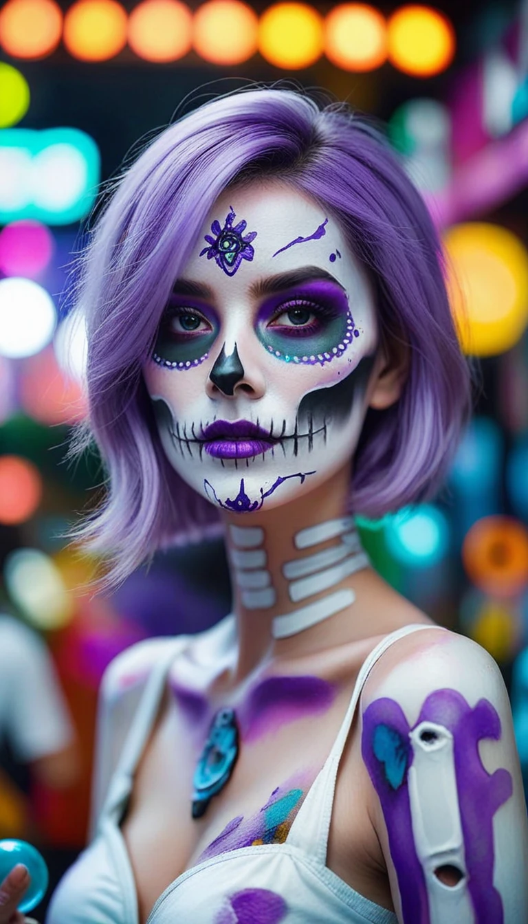 (best quality, 8K, Masterpiece: 1.3)), Sharp focus: 1.2, A beautiful woman with a perfect figure. Highly detailed facial and skin textures, Detailed eyes, Double eyelids, smile, look at viewer, purple short hair, upper body, put on makeup, blurry background, white skin, Face Paint, white skin, playing equipment, Holding equipment, Zombies, light purple lips, __background__ Full of busy people