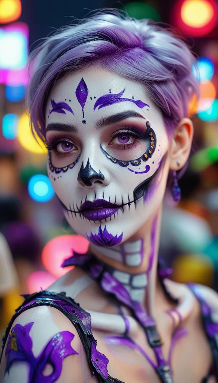 (best quality, 8K, Masterpiece: 1.3)), Sharp focus: 1.2, A beautiful woman with a perfect figure. Highly detailed facial and skin textures, Detailed eyes, Double eyelids, smile, look at viewer, purple short hair, upper body, put on makeup, blurry background, white skin, Face Paint, white skin, playing equipment, Holding equipment, Zombies, light purple lips, __background__ Full of busy people