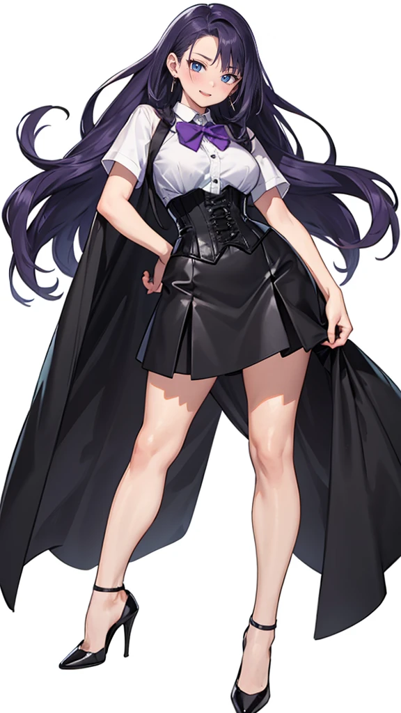 Purple Hair,long hair,Adult female,(suit),White Y-shirt,((Rolling up his sleeves)),(corset),(Black tight skirt),(High heels),Heels are visible,((Simple white background)),smile,((whole body)),((full body)),