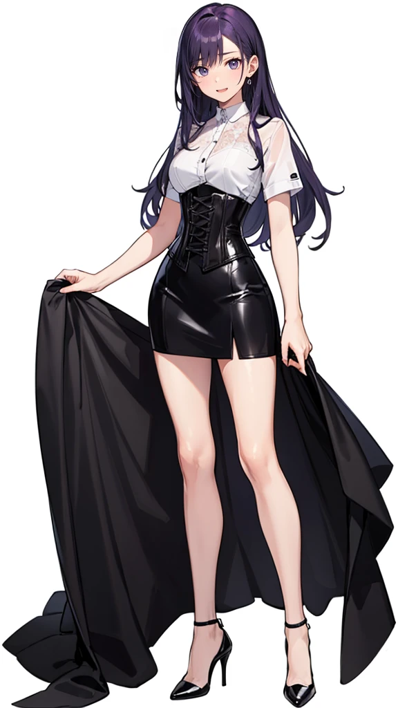 Purple Hair,long hair,Adult female,(suit),White Y-shirt,((Rolling up his sleeves)),(corset),(Black tight skirt),(High heels),Heels are visible,((Simple white background)),smile,((whole body)),((full body)),