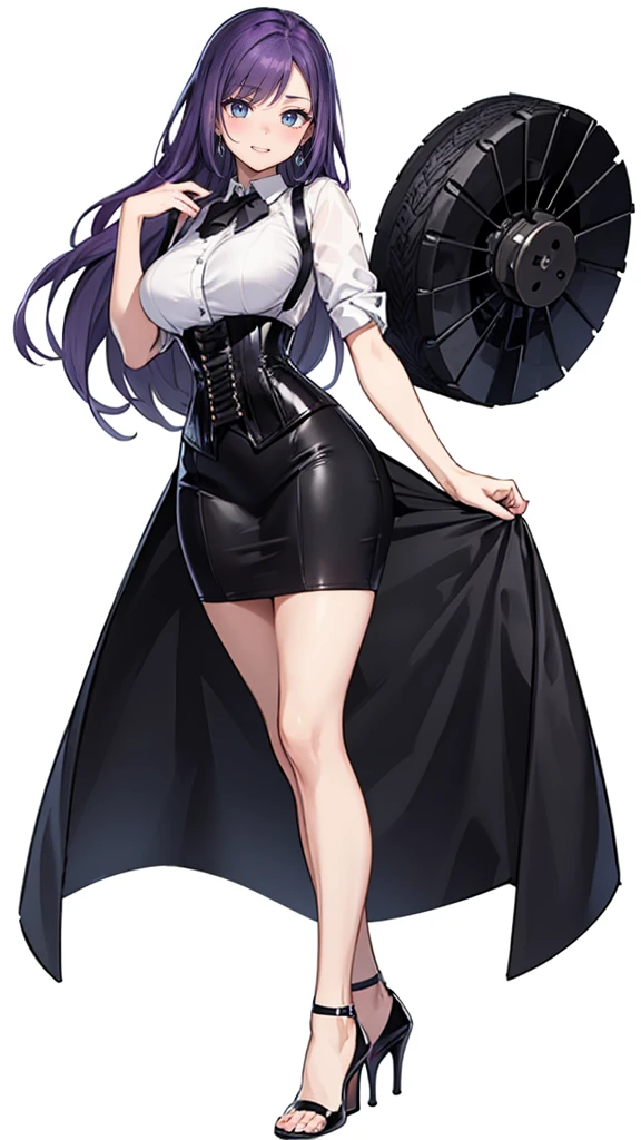 Purple Hair,long hair,Adult female,(suit),White Y-shirt,((Rolling up his sleeves)),(corset),(Black tight skirt),(High heels),Heels are visible,((Simple white background)),smile,((whole body)),((full body)),