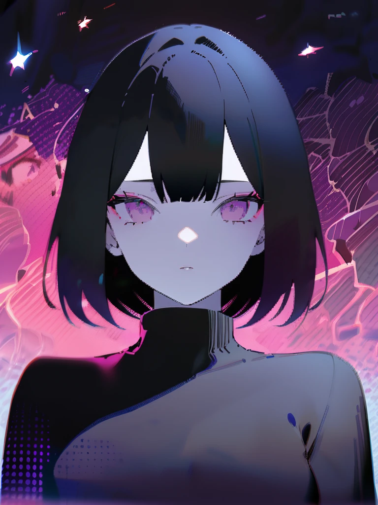 Purple tone,One Girl,alone,, Black Hair,((Deep purple eyes)),Bright starry sky,Purple-red sky,Troubled face,Black sweater,Shoulder Bare,Put your hands on your face,Open your arms,Expressionless,from the front,Watching the audience,masterpiece,Highest quality,Very detailed,Anime Style,Watercolor tones