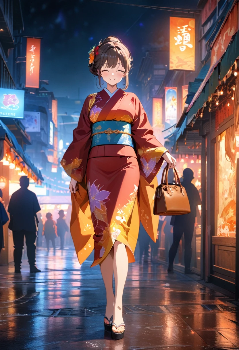 (best quality,8k,highres, masterpiece:1.2), (anime style),ultra-detailed, HDR, UHD, studio lighting, ultra-fine painting, sharp focus, physically-based rendering, extreme detail description, professional, vivid colors, bokeh, portraits, concept artists, warm color palette, dramatic lighting,Summer festival night,1 beautiful woman,(kimono),updo, big smile, closed eyes, (The cityscape lined with the fairs of summer festivals),(beautiful hair, glowing skin,),full body,(Silhouette of a passing crowd),(anime style),Holding a Hermès Kelly Bag