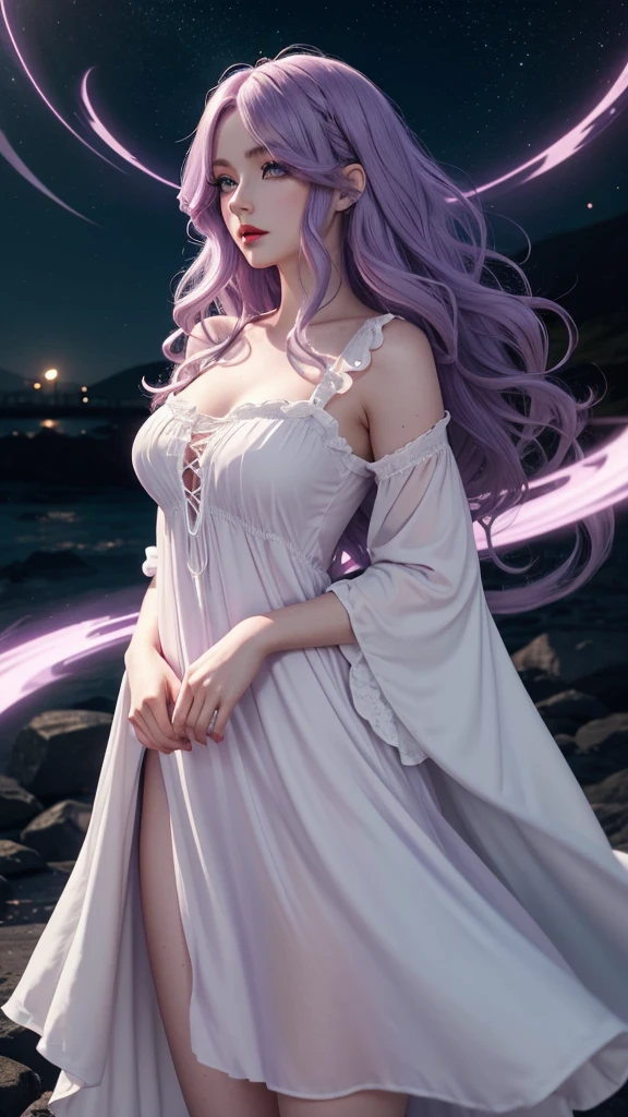 Irish woman, anime, cute, beautiful, high quality, night, 8k, long wavy light purple hair, green eyes, red lips, eyelashes, standing, dark room, white flowing dress, nightgown