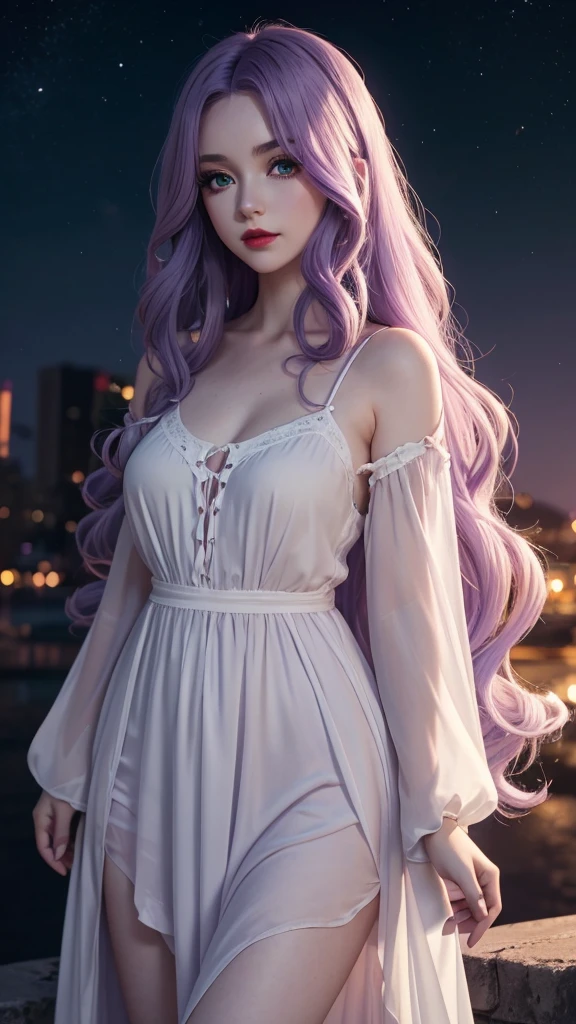 Irish woman, anime, cute, beautiful, high quality, night, 8k, long wavy light purple hair, green eyes, red lips, eyelashes, standing, dark room, white flowing dress, nightgown