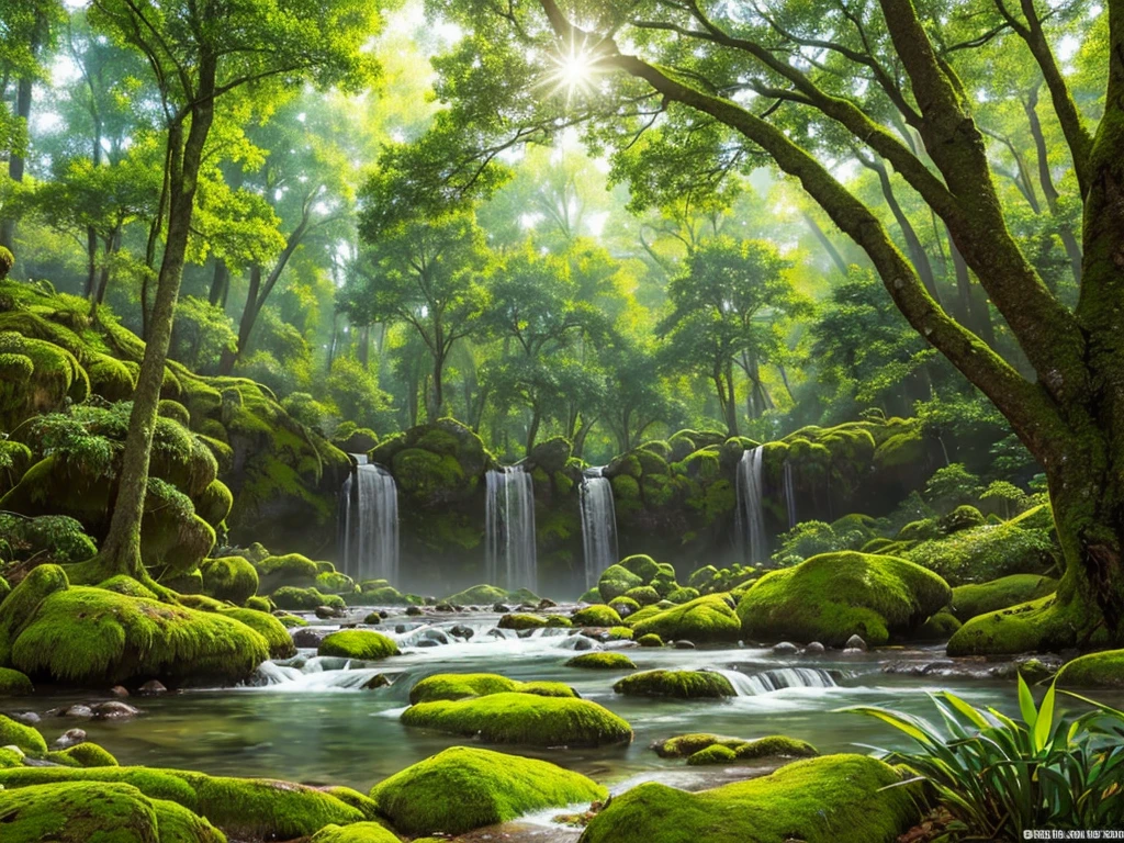 a fantastical forest landscape, lush greenery, sunbeams streaming through the canopy, magical atmosphere, ( best quality, 4k, 8k, highres, masterpiece:1.2), ultra-detailed, (realistic, photorealistic, photo-realistic:1.37), intricate foliage, detailed trees, mystical lighting, glowing mushrooms, ethereal mist, dreamy depth of field, fantasy, landscape, cinematic, vibrant colors, natural colors