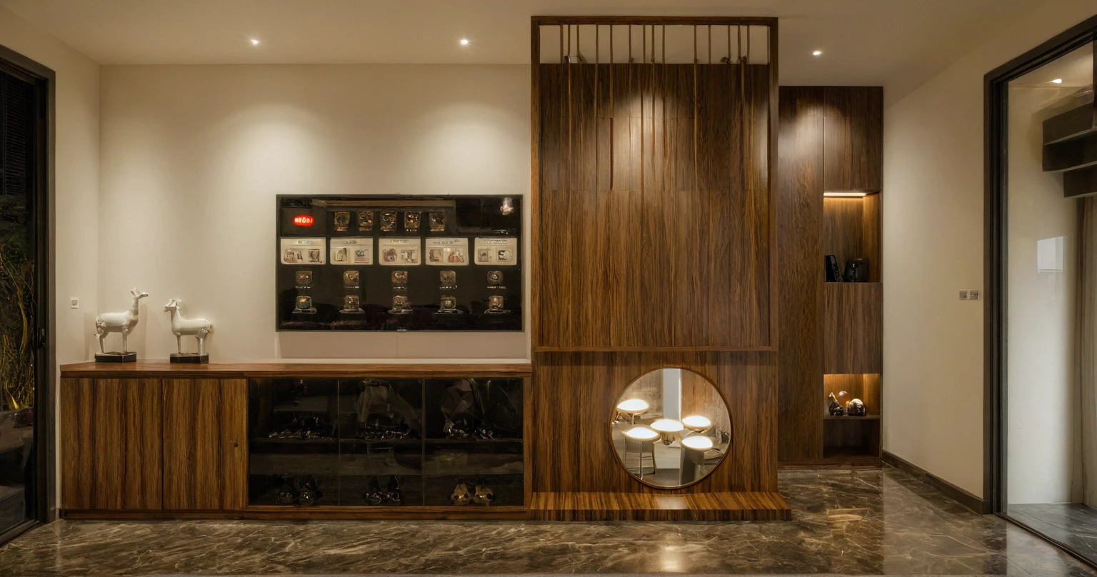 Raw photo,Masterpiece, high quality, best quality, authentic, super detail, interior, indoors, style Indochine modern, minimalist line, aiaigroup , wooden, walnut veneer wood, led light, white paint wall, sofa, BED RooM, day light,