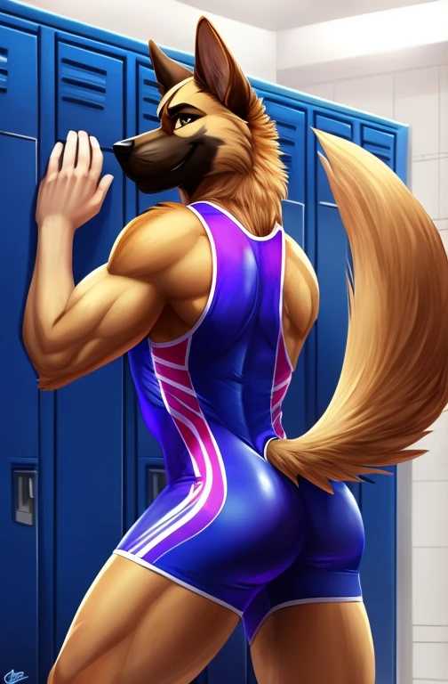 solo, male, tan and brown fur color, dog, german shepherd, toned body bulid, (wearing a blue glossy tight one-piece wrestling singlet), smile, bedroom eyes, looking back, showing back, butt, ass tails, at a lockers room, by ZhengFox