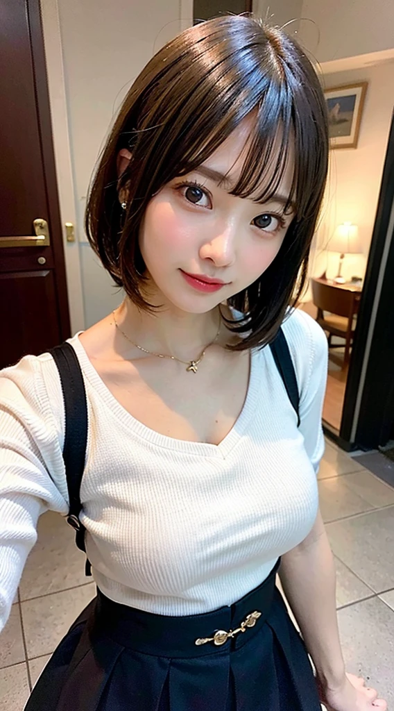 (8K, Raw photo:1.2),Detailed face and eyes,Best Quality, 超A high resolution, Highly detailed ,intricate detailes ,masutepiece ,Cute Girl , Soft cinematic light, Hyper-detailing,Sharp Focus, High quality,a blond, bob cuts, tits out, knit, long  skirt