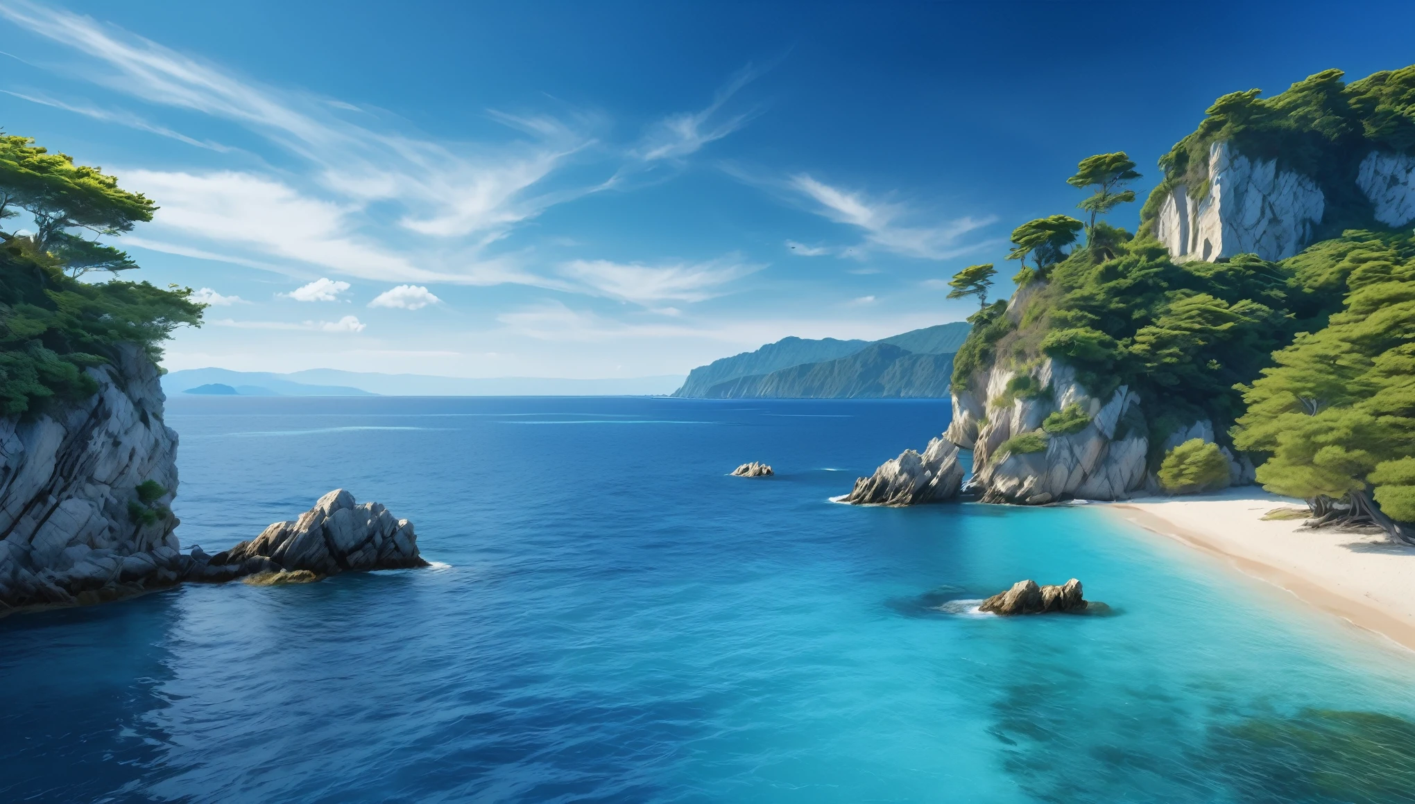 blue sea landscape photo, (masterpiece, ultra quality, high resolution, 8k, intricate: 1.2), (masterpiece), (best quality:1)