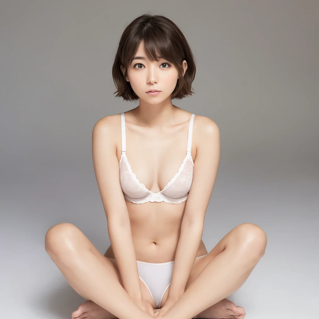 Japanese、woman、27 years old、Shortcuts、Short Hair、Short Hair、Brown Hair、Loose Waves、Right Divider、White skin、Narrow eyes、Small Mouth、High nose、delicate、Fair skin、White skin、Sitting posture、underwear