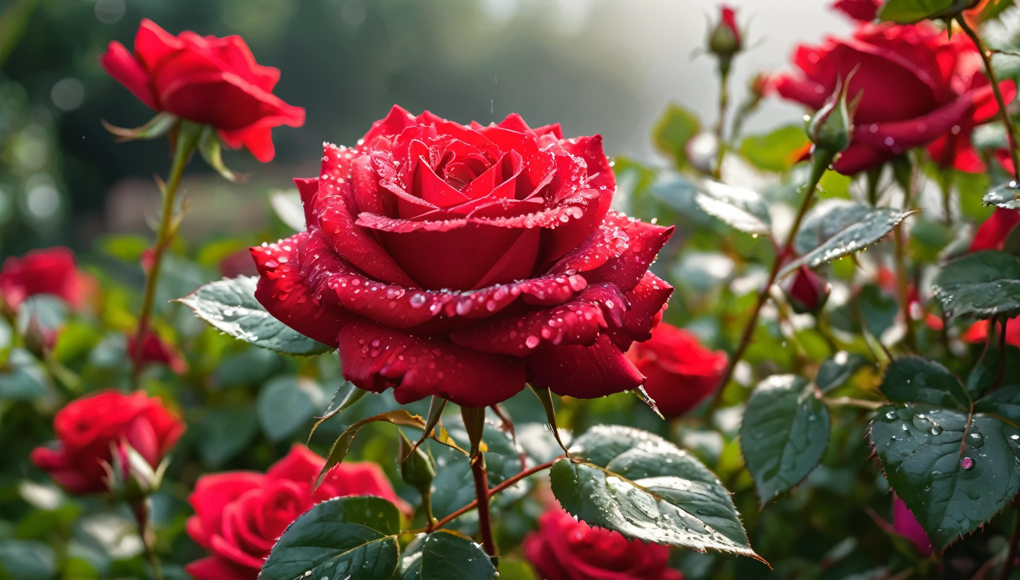 shot by sony a7iv lens 80mm f1.8, Many red color rose flowers in the garden and sunlight with bokeh, dew drops on flower petals,automatic optional scene (masterpiece, ultra quality, high resolution, 8k, intricate: 1.2), (masterpiece), (best quality:1)
