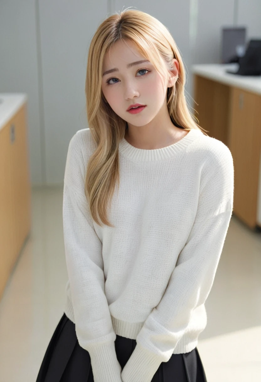 (realistic, photorealistic,photo-realistic:1.37), ((Best quality)), ((masterpiece)), (detailed), ((NFV)), ((solo blonde seventeen year old beauty)), ((secretary in a thick white sweater)), ((whole body)), ((huge breasts under a sweater)), ((toilet stall in the office near the toilet)), ((sad expression, Cute dimples)), ((freckles)), ((Skinny long skirt), ((Well-drawn hands)), ((well-drawn anatomy)), ((Cinematic lighting)) One, shot from above