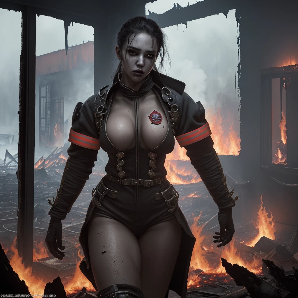 A sexy Fire Fighter, . walking through a building on fire, rotten and burnt, (traje de bombero, traje de bombero:1.4) showing off a sexy and tough firefighter outfit. Every space and build in the landscape is meticulously rendered, from the most desolate and terrifying fire, creating a visually stunning and immersive situation. The overall effect is a terrifying mix of fantasy, fire and adrenaline, hellpunk anime. close-up, fine quality eyes, ultra detailed, Beautiful and aesthetically pleasing, masterpiece, Best quality score, Extremely detailed , dynamic angle, raytraced, middle body, close up, high view, fire particles and hard lights, angulo picado.,worldoffire,metal steel building, looking at camera