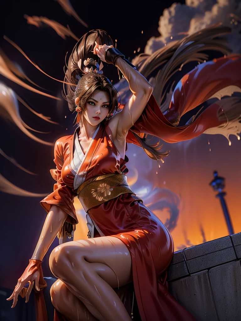 (exquisitely detailed CG unity 8k wallpaper, masterpiece-quality with stunning realism), (best illumination, best shadow), (best quality), (elegant style:1.2), Arti modern anime. angled view, heroic pose, midshot, (cel-shading style:1.3), centered image, ultra detailed closeup portrait of (Mai Shiranui:1) from (King of Fighters), best quality, expressive eyes, perfect face, highres, (ultra details), 1 girl, solo, brown hair, hair ornament, eyeshadow, gold, white and red qipao, highly ornamented, in the city of Japan, portrait, looking at the viewer, piercing eyes, full body, leaning forward, ready to fight, fighting pose, action fight scene, strike, staring, (light from the angle:1) (smoke and dust:1.2) (wind blowing:1.2).(depth of field effects:1.3) (motion action:1.2) (closeup:1.2) (two legs:1) (two arms:1) (one head:1) (attacking pose:1.2) (angled closeup photography:1) (turning action pose:1), (dress on fire:1), (motion blur effects:1), (holding a oriental fan:1), (attacking:1), wide angles
