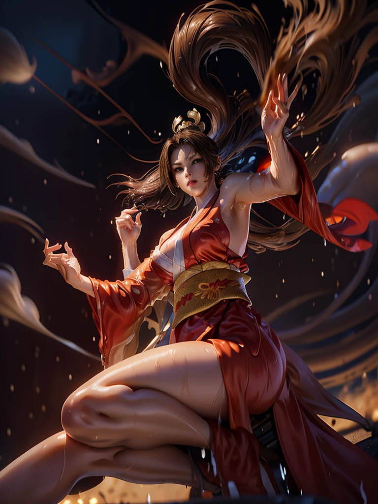 (exquisitely detailed CG unity 8k wallpaper, masterpiece-quality with stunning realism), (best illumination, best shadow), (best quality), (elegant style:1.2), Arti modern anime. angled view, heroic pose, midshot, (cel-shading style:1.3), centered image, ultra detailed closeup portrait of (Mai Shiranui:1) from (King of Fighters), best quality, expressive eyes, perfect face, highres, (ultra details), 1 girl, solo, brown hair, hair ornament, eyeshadow, gold, white and red qipao, highly ornamented, in the city of Japan, portrait, looking at the viewer, piercing eyes, full body, sitting at a bar, staring, (light from the angle:1) (smoke and dust:1.2) (wind blowing:1.2).(depth of field effects:1.3) (motion action:1.2) (closeup:1.2) (attacking pose:1.2) (angled closeup photography:1) (turning action pose:1), (dress on fire:1), (motion blur effects:1), (holding a oriental fan:1), (attacking:1), wide angles, spreading your feet,Thin to transparent,see-through,(((Soggy-kimono:1.2))),Lace fabric, (((water-immersed body: 0.9))),jewelry,