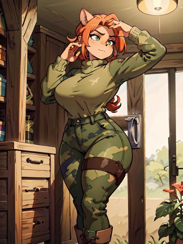 (best quality,4k,8k,highres,masterpiece:1.2),ultra-detailed,realistic:1.37,portrait, sancy anthro bandicoot girl redhead, braided hair, beautiful green eyes,   ,, warm sweater, beanie-balaclava, camouflage pants, army boots, smirking, cozy lighting, vibrant colors ,girl anthro , sweater, beanie-balaclava, camouflage pants, army boots, put on army combat boots close-up,ties up