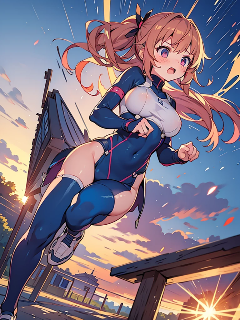 Anime style,loli battle girl,running in training ground,side by side,big breasts,battle bodysuit,Depiction of swinging breasts,embarrassed,